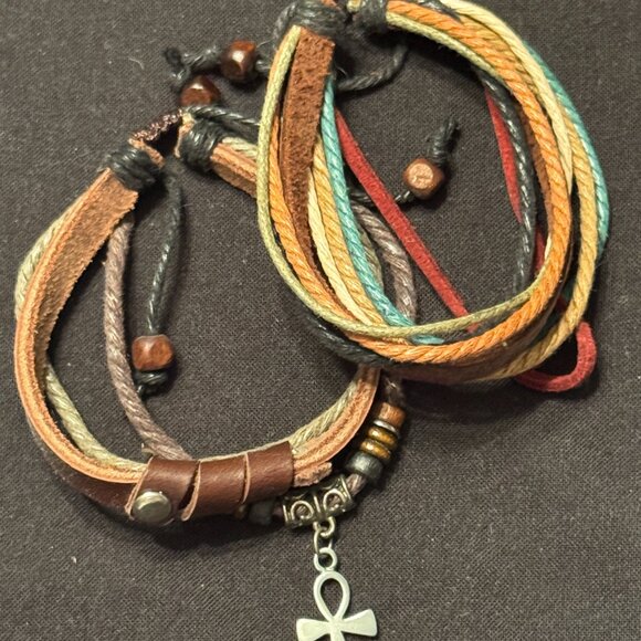 Vintage Corded Bracelet set Cross Brown Cream Blue - Picture 2 of 2